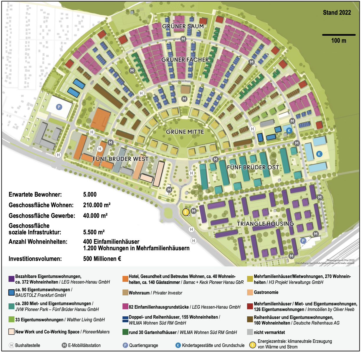 Lageplan des Wohnquartiers Pioneer Park Hanau mit Wohngebieten, Infrastruktur und Grünflächen, Stand 2022.